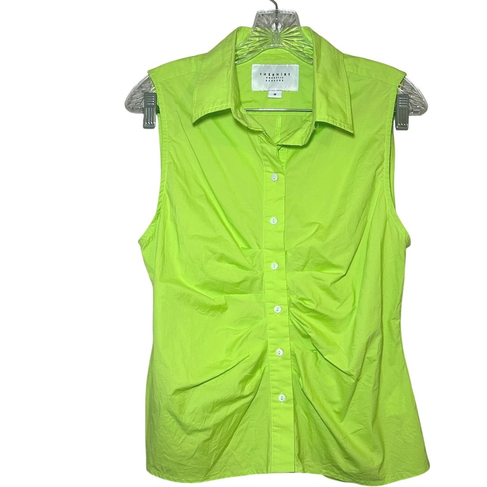 The Shirt Rochelle Behrens Neon Lime Green Ruched Sleeveless Button Down Top M